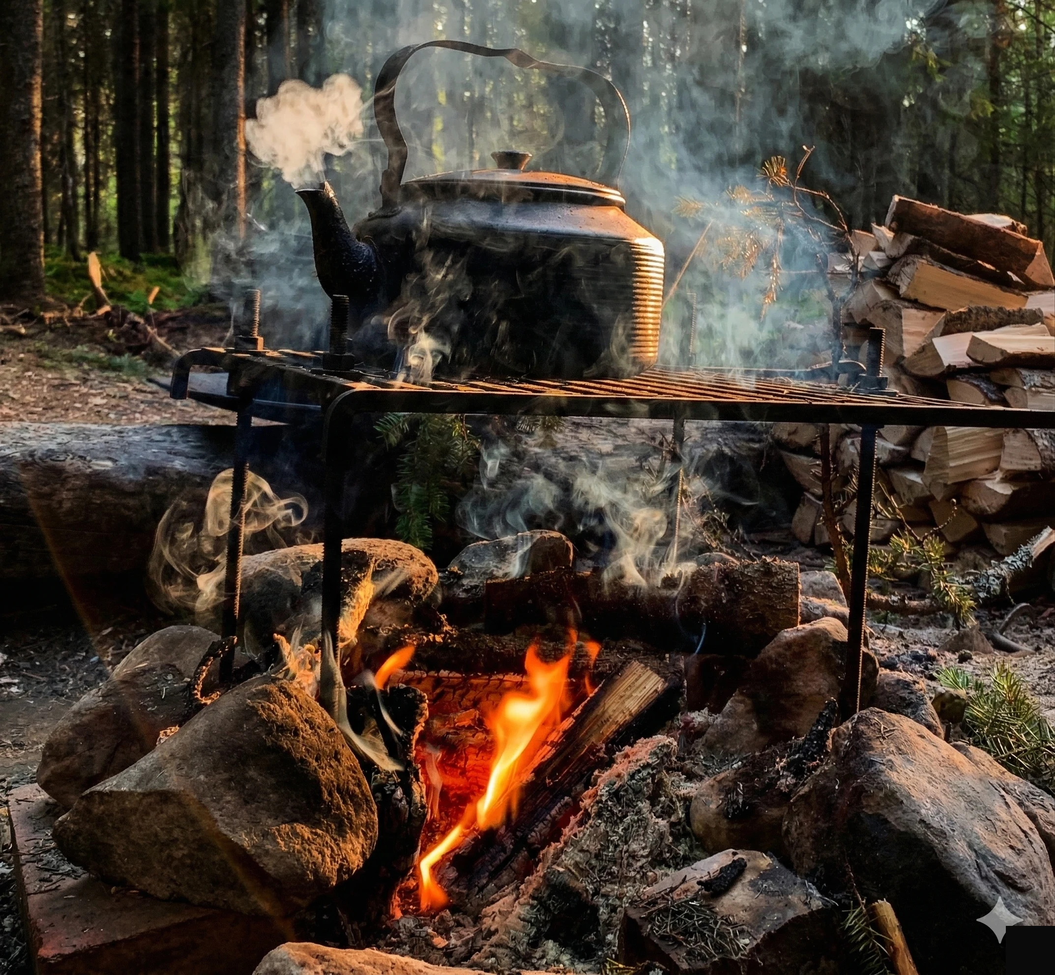 Чайник на живом огне — утро в лагере Воттоваара
