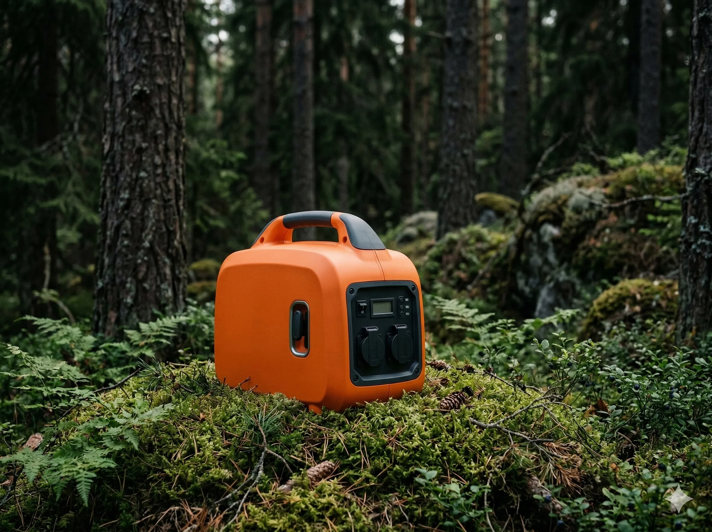 Переносной инверторный генератор в карельском лесу — зарядка устройств в лагере