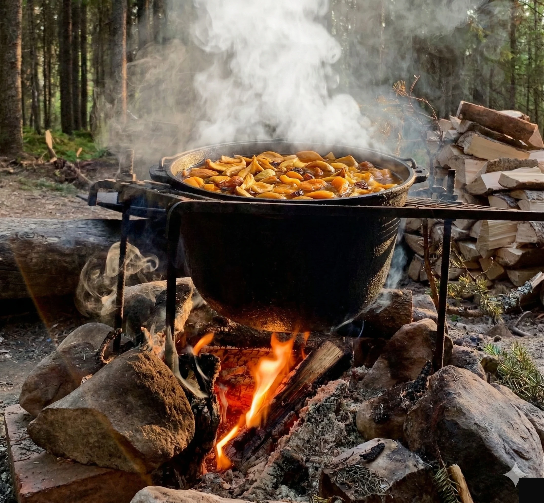 Компот из сухофруктов в котле на костре