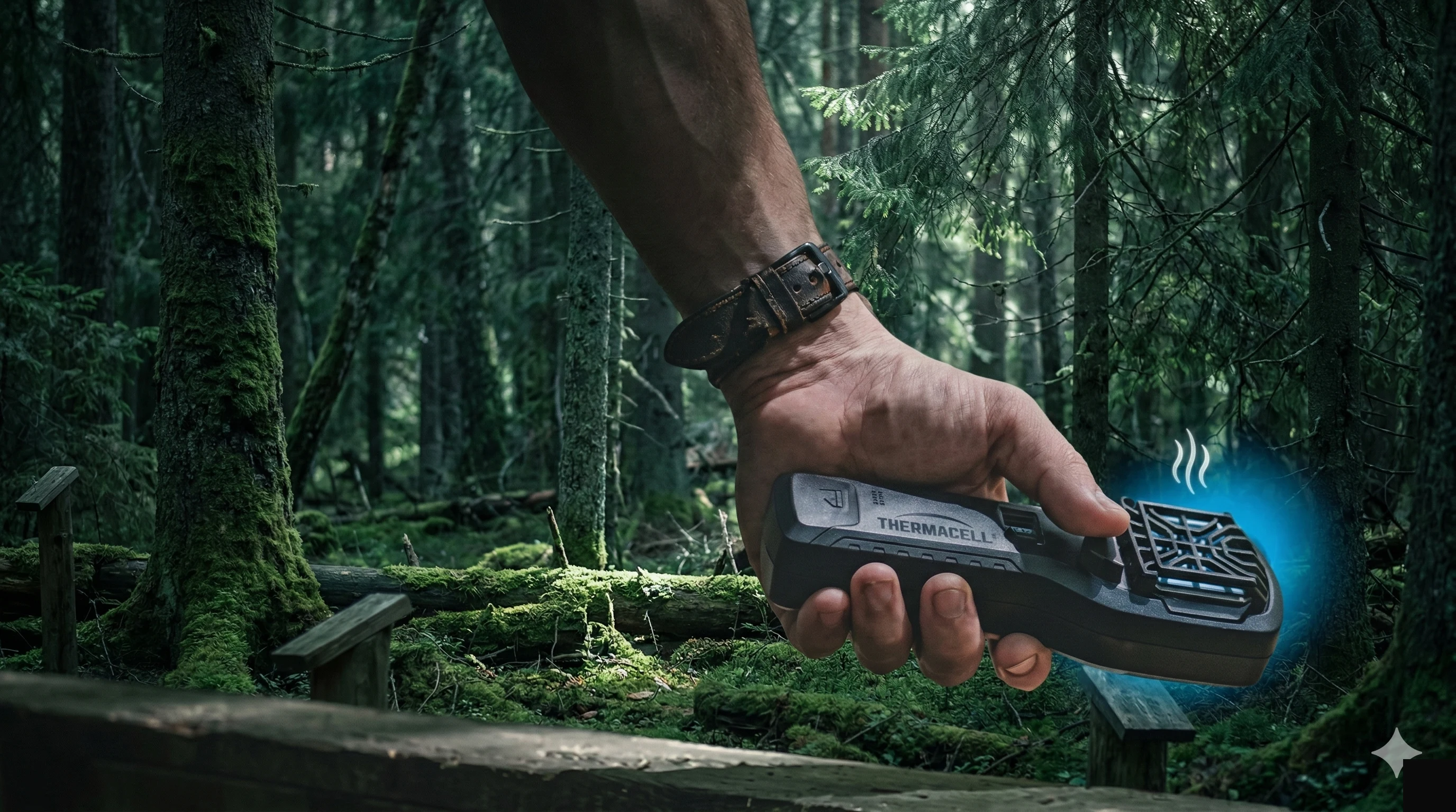 Thermacell в руке туриста на маршруте в карельском лесу
