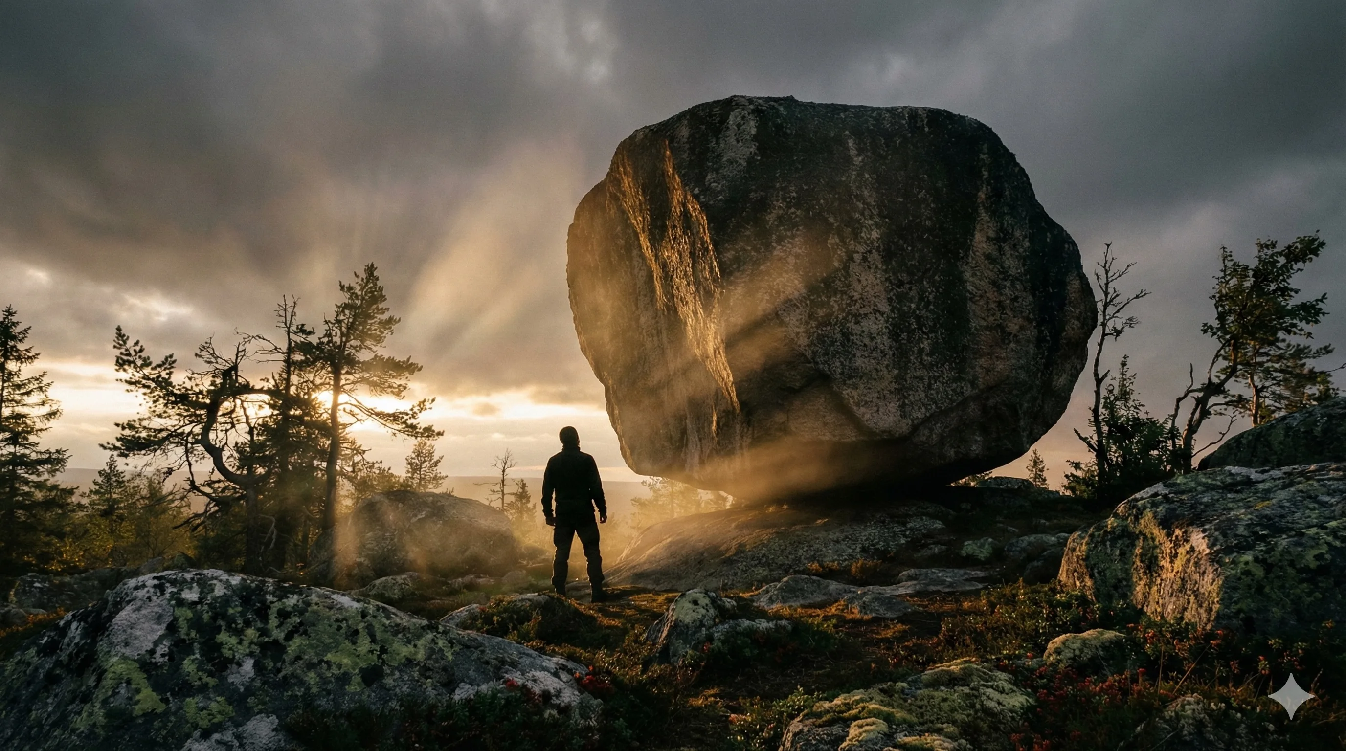Исследователь у сейда горы Воттоваара