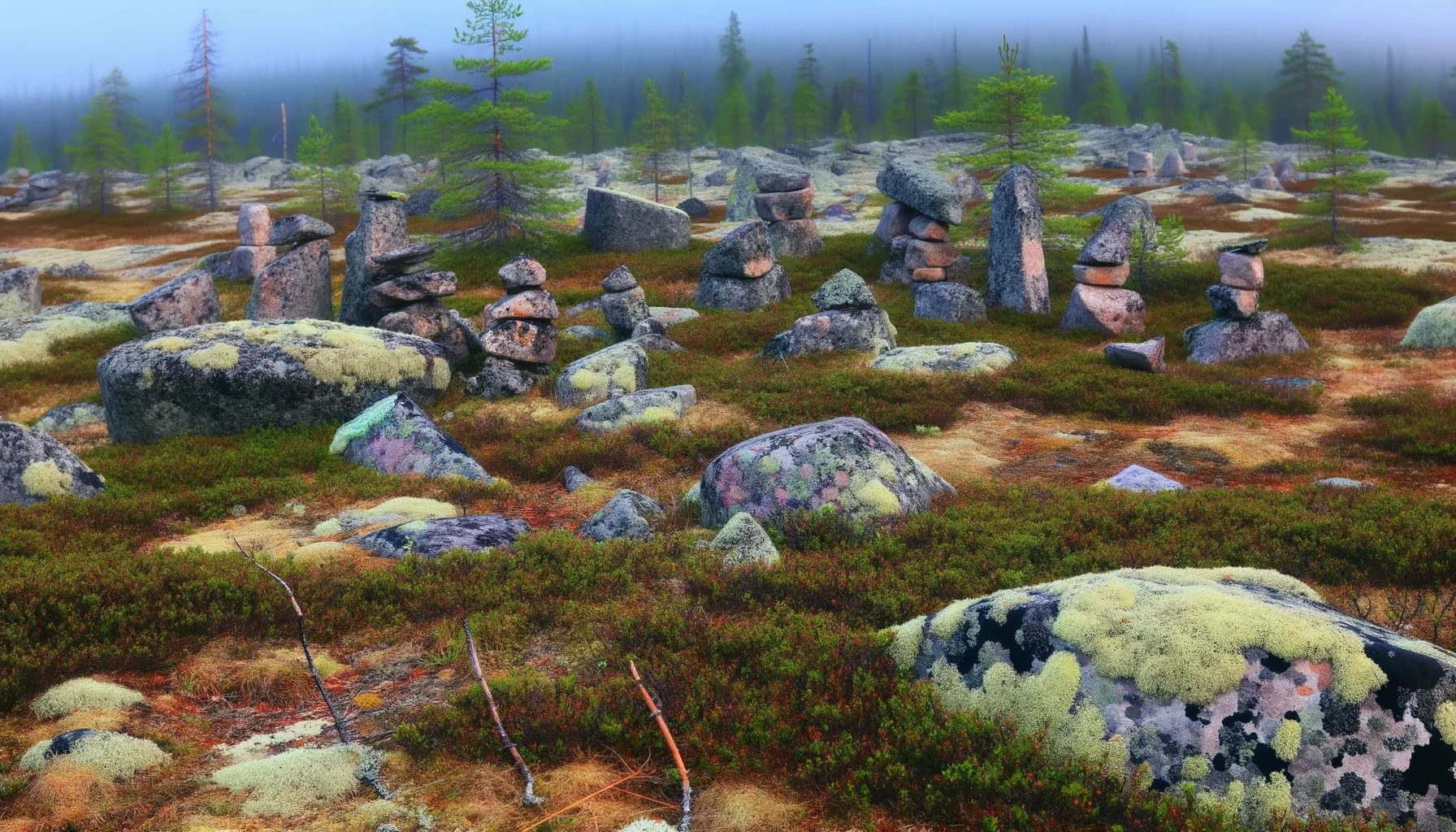 Каменные пирамиды Воттоваары — панорамный вид на скопление пирамидок