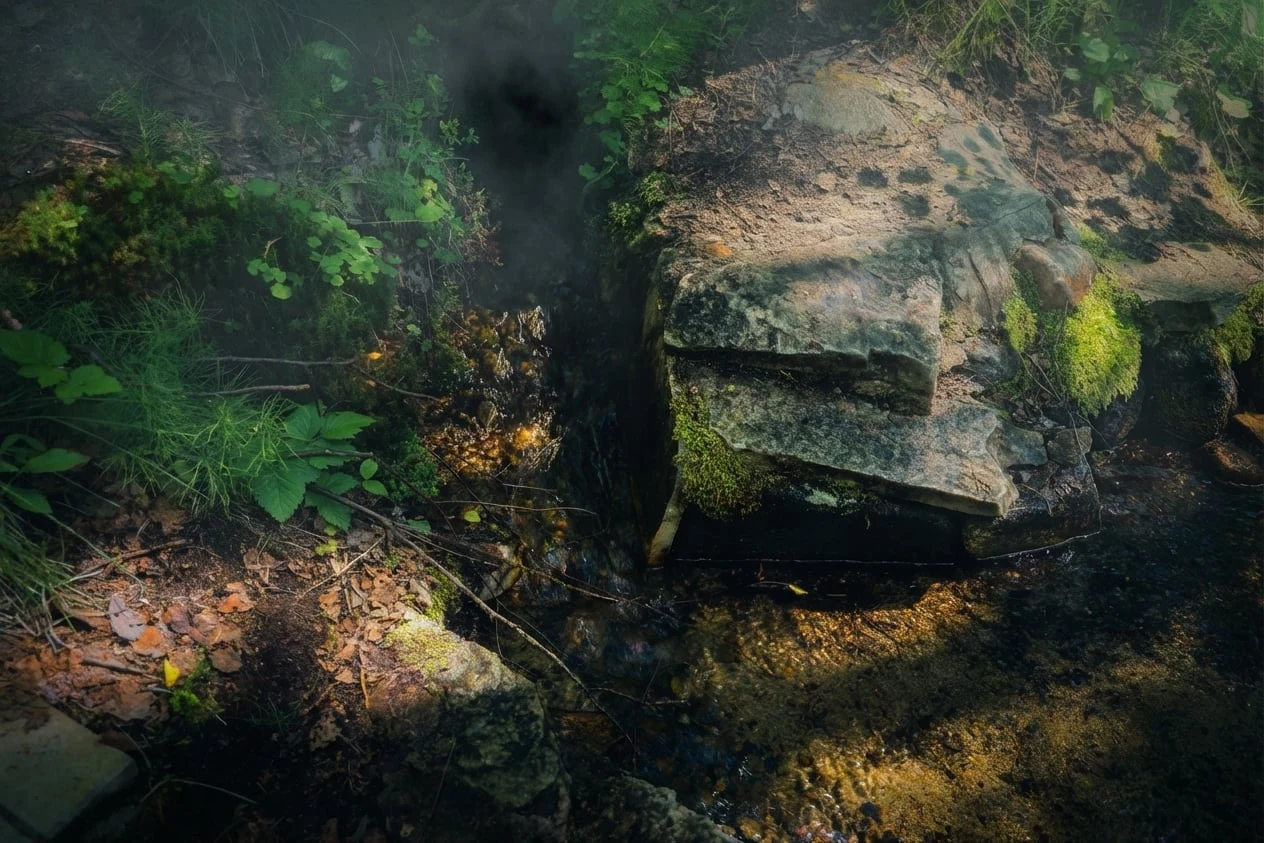 Родник — Священный источник у подножия — вода, текущая из глубины горы