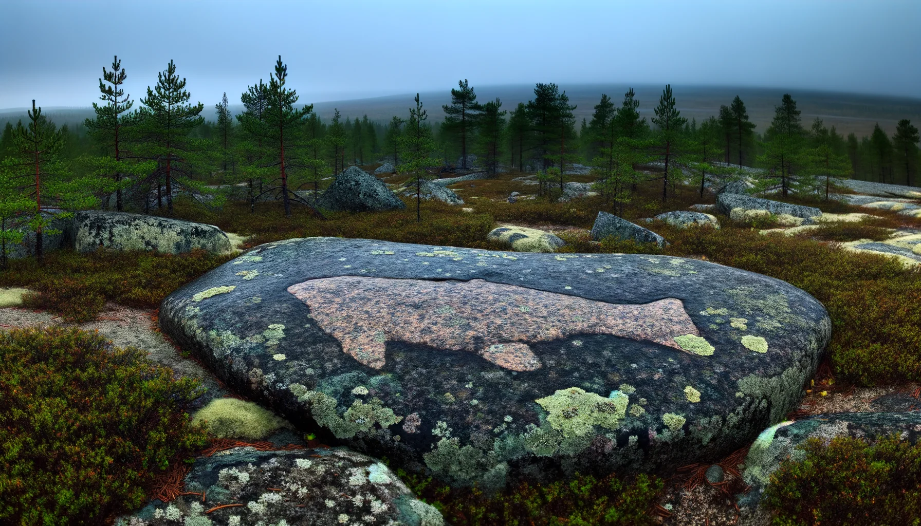 Силуэт рыбы — общий вид плоского камня среди мхов