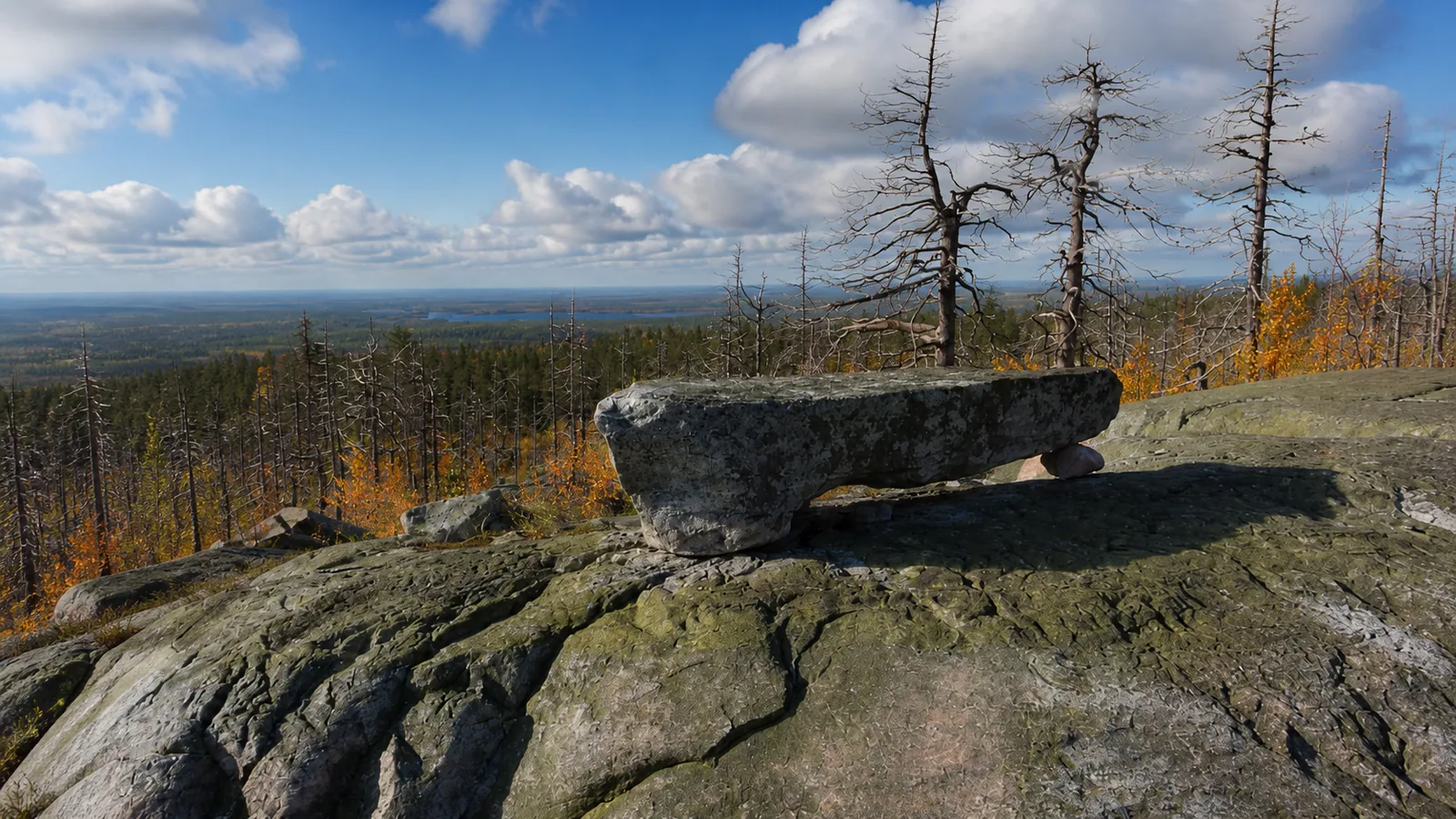 Каменная Скамейка на скальном основании в осеннем пейзаже