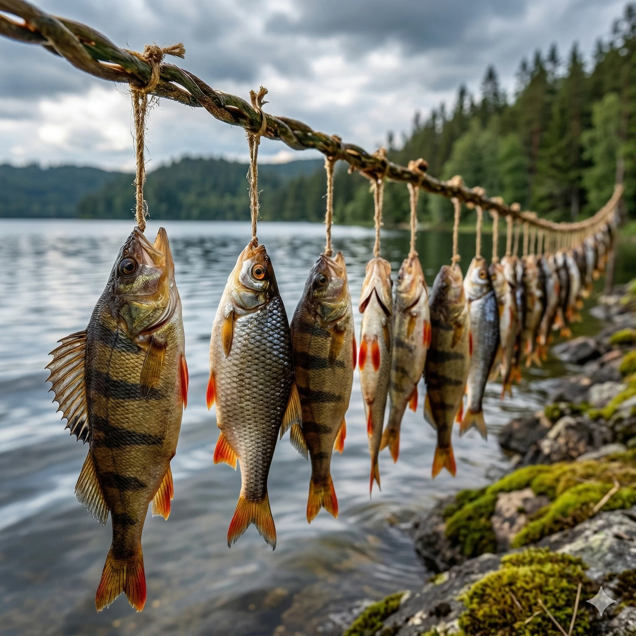 Пойманная рыба на берегу озера Валлас — окунь и плотва