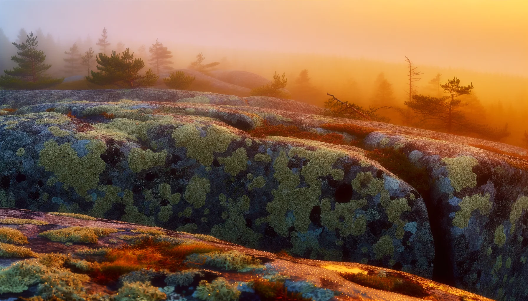 Точка рассвета на Воттовааре — золотой свет на камнях