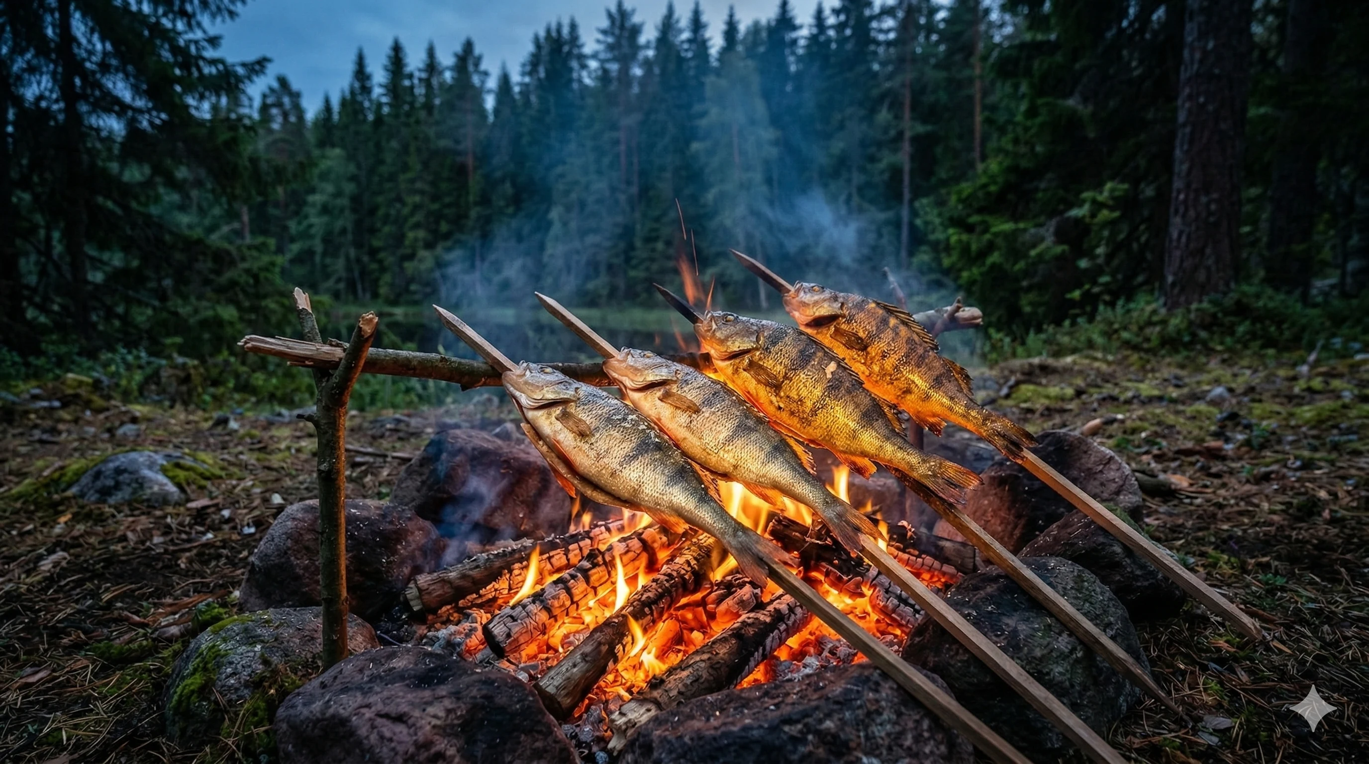 Рыба на шампурах над костром — традиция вечерней рыбалки на Валласе