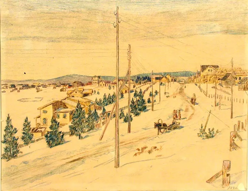 Рисунок Генриха Фогелера с видом села Ухта в 1933–1934 годах