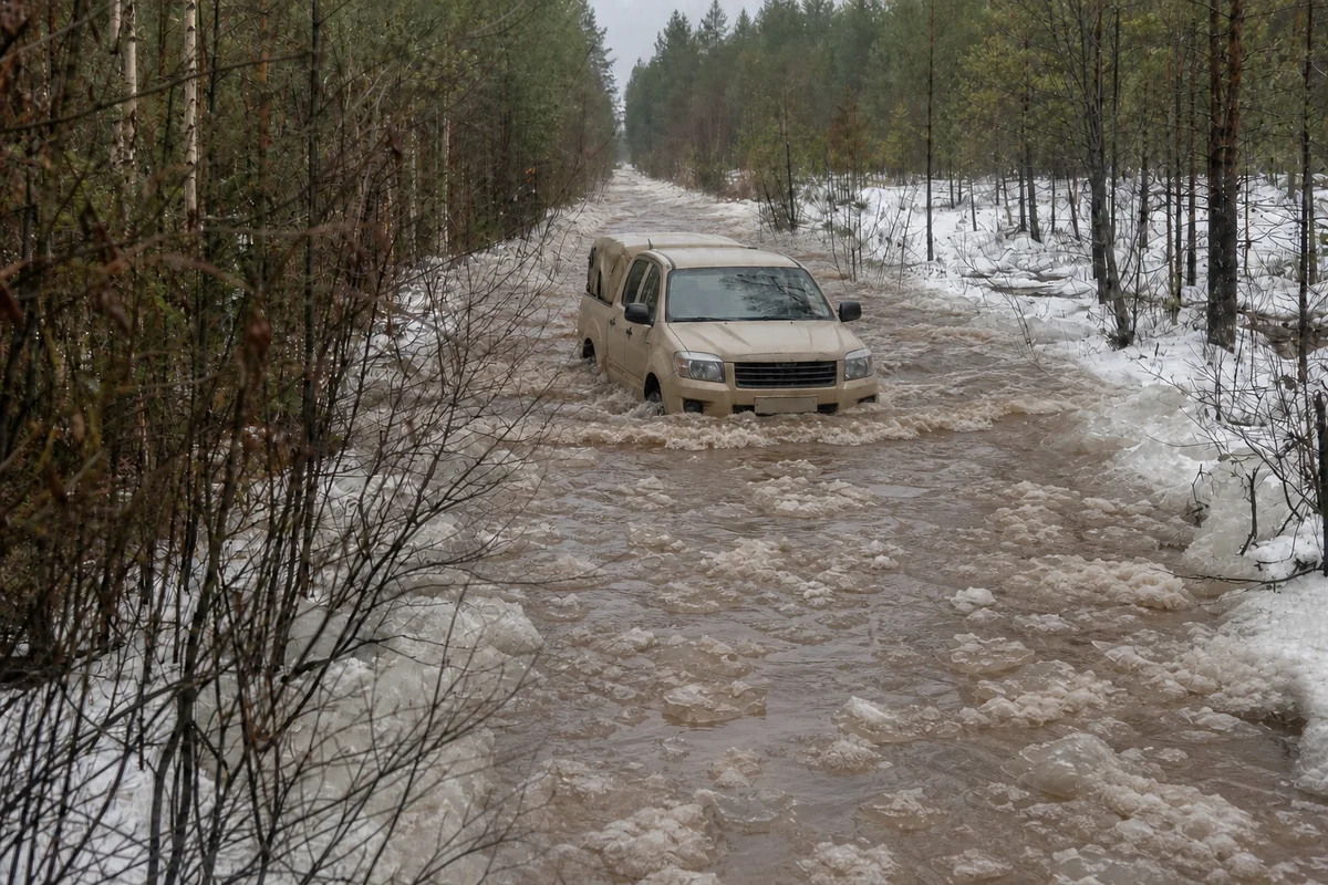 Иллюстрация подготовленного пикапа в глубокой сезонной воде во время оттепели