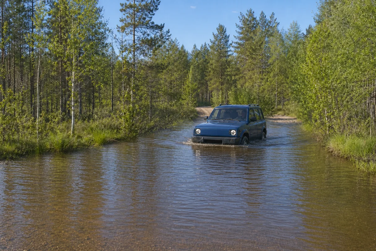 Иллюстрация вымышленного синего внедорожного автомобиля в глубокой воде на лесной дороге
